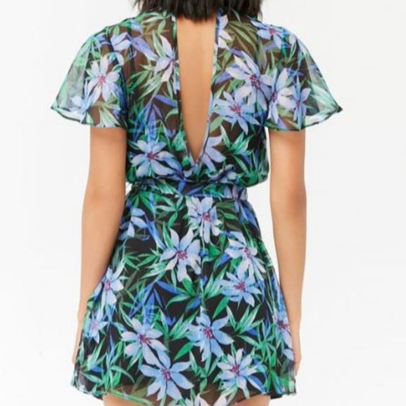 Blue & Green Floral Print Semi-Sheer Dress Forever 21 Size Small - Picture 5 of 11